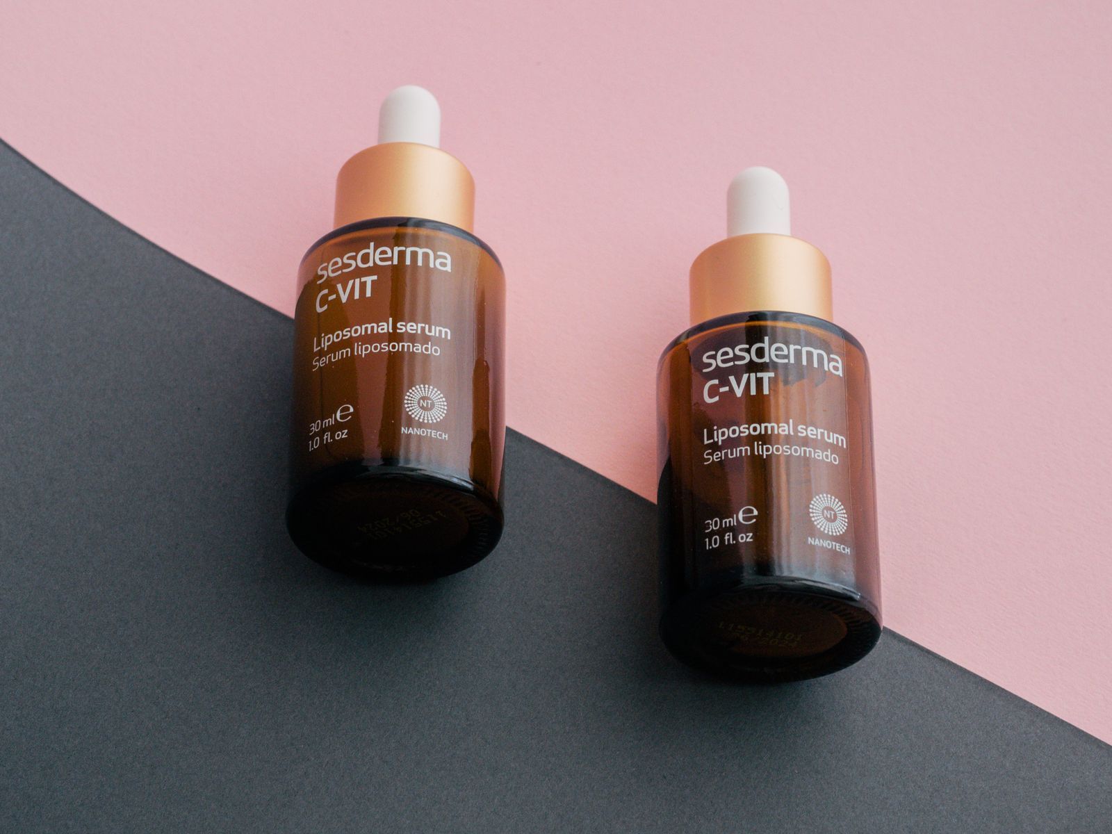 Bottles of hair and skin products lined up on the studio shelf
