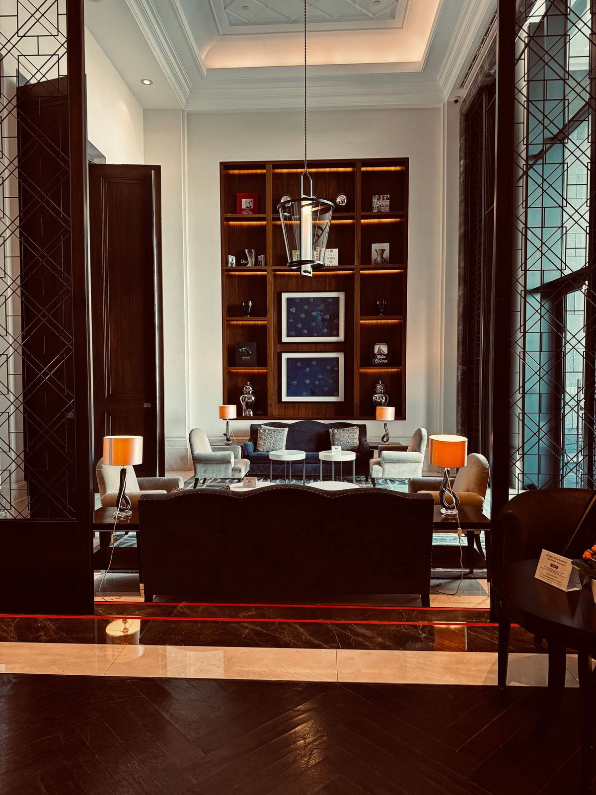 The Meridian's lobby, taken from the foot of the marble staircase looking towards the lounge