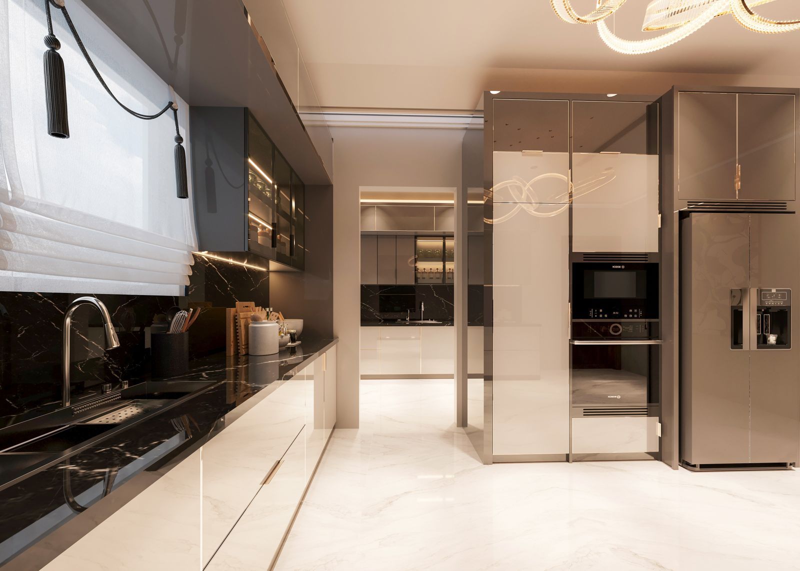 A modern kitchen with a central island, dark units and integrated appliances