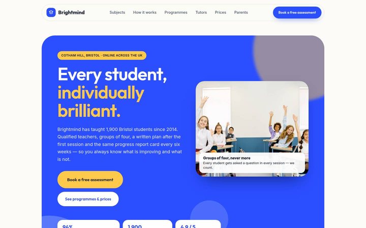 Brightmind tutoring homepage